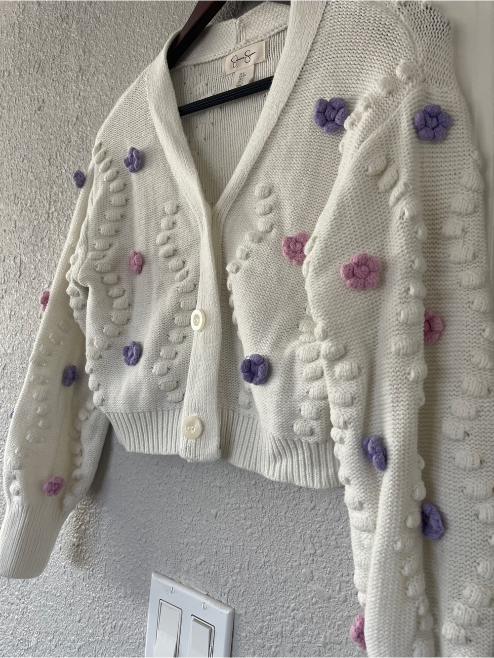 Jessica Simpson White Floral Bobble Knit Cropped Cardigan Sweater Size Small - Picture 3 of 9